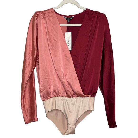 Strut and Bolt NEW Satin Pink Colorblock V Neck Wrap Bodysuit Size Medium - Picture 1 of 7
